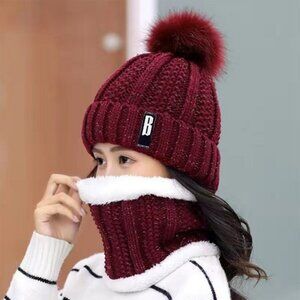 Winter Beanie Hat Scarf Set Women Warm Knitting Skull Cap Neck Warmer